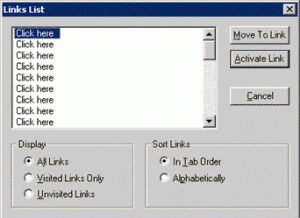 JAWS dialog window with Click Here listed multiple times