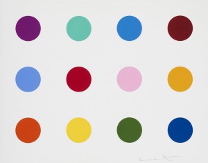One of the main strands of Hirst’s work are the spot paintings which he first introduced in 1988. Referred to as his pharmaceutical paintings, Hirst invented the composition of coloured spots in a grid as a system offering endless possibilities with only one simple rule – for each work all colours could only be used once. 