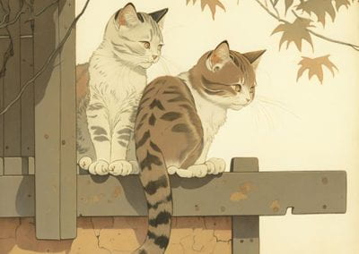 Kittens in the style of Hiroshi Yoshida. Rendered in Midjourney