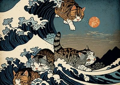Kittens rendered in the style of Katsushika Hokusai. Rendered in Midjourney