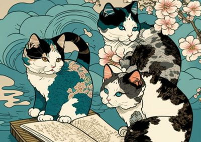 A group of three kittens in the Ukiyo-E style. Rendered in Midjourney