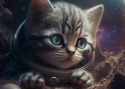 A kitten in a space helmet. Created in Midjourney