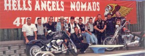 The Hells Angels Nomads chapter: Left to Right: Maurice (Mom) Boucher, AndrÈ Chouinard, Normand Robitaille, David (Wolf) Carroll, Gilles (Trooper) Mathieu, Donald (Pup) Stockford, Wlater (Nurget) Stadnick, Normand (Biff) Hamel, Louis (Melou) Roy and Denis Houle.  Seated: Michel Rose.  For Paul Cherry piece