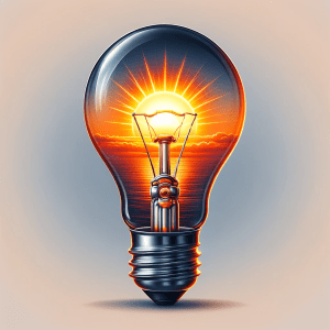 logo that is a photo-realistic image of an incandescent light bulb with a sunrise replacing the filament