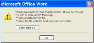 error message for microsoft word: file corrupted