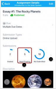 Needs Grading is the center icon and will display the number of submissions ready for grading