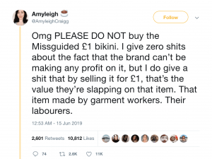 Twitter user @Amyleigh expressed outrage at Missguided's $1.26 bikini