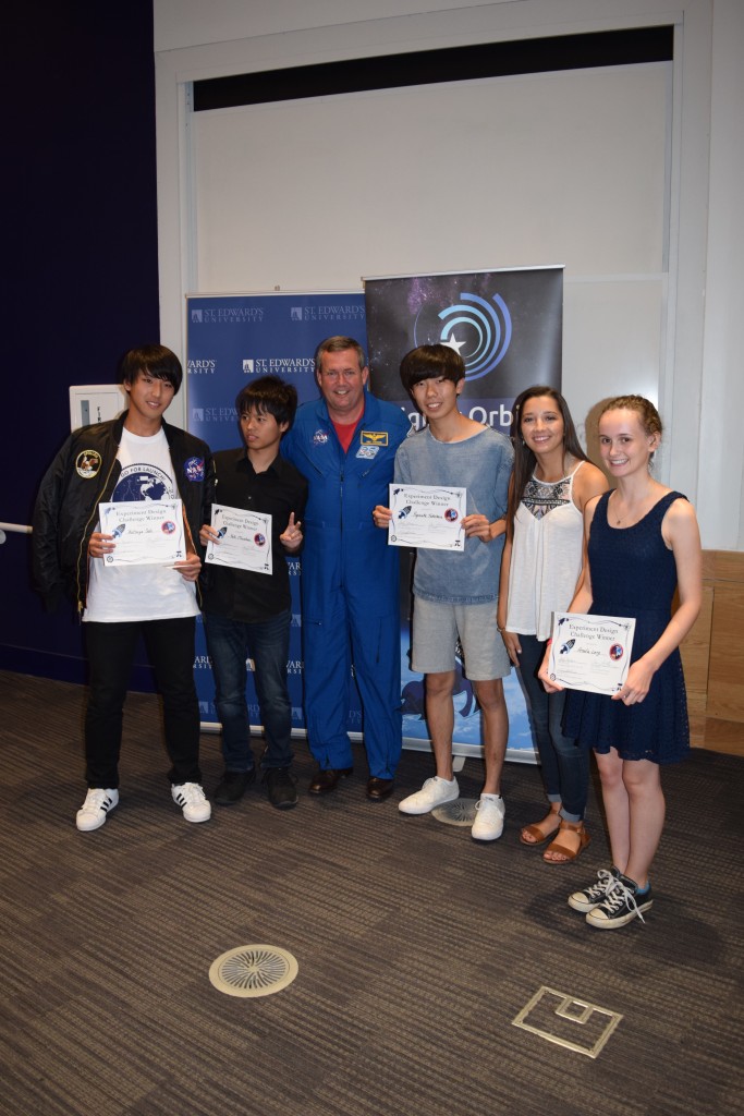 Winning team, Ryusei 5, with Astronaut Mike Foreman at the inaugural Go-For-Launch! event at St. Edward's University, 11 - 13 July 2016.