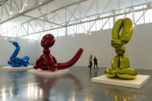 (L-R) Balloon Swan (Blue), Ballon Monkey (Red), Balloon Rabbit (Yellow) at the Gagosian Gallery in New York City on May 9, 2013.
