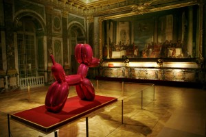 This shocking pink Balloon Dog photographed on "September 9, 2008, at the Château de Versailles sparked controversy as some visitors said the work was crude and too modern for Louis XIV’s former palace." 