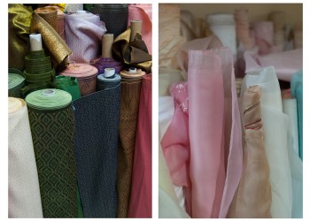 Rolls of Thai silk versus fabric for white gowns, Chokdee Fabric Shop, Nakhon Si Thammarat City